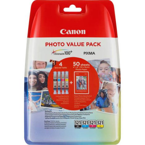 CLI-521 C/M/Y/BK photo value multi-pack (4” x 6” Photo Paper Plus Glossy II, 50 sheets) 55282934 / Canon Cartridges